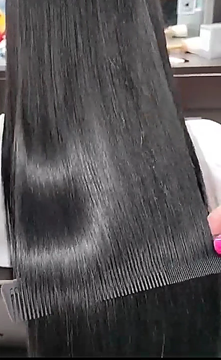 Melena negra muy larga y lisa, peinada con peine fino, vista de espaldas
