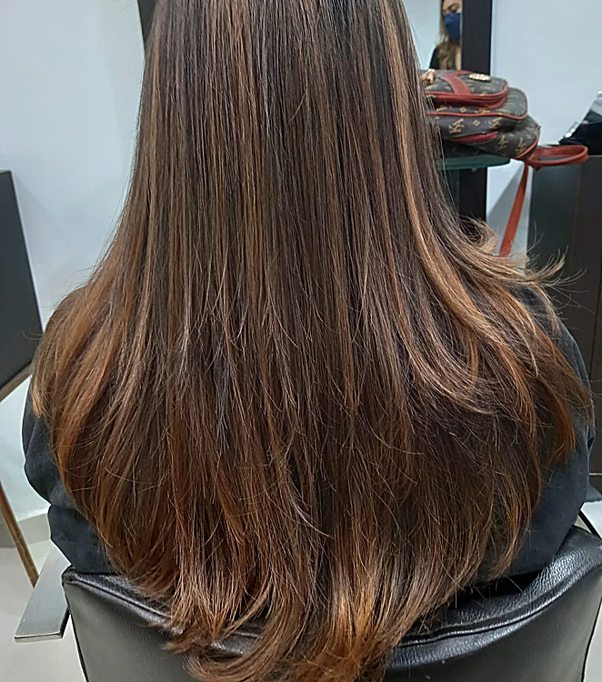 Cabello castaño oscuro largo con puntas y luces cobrizas, visto de espaldas